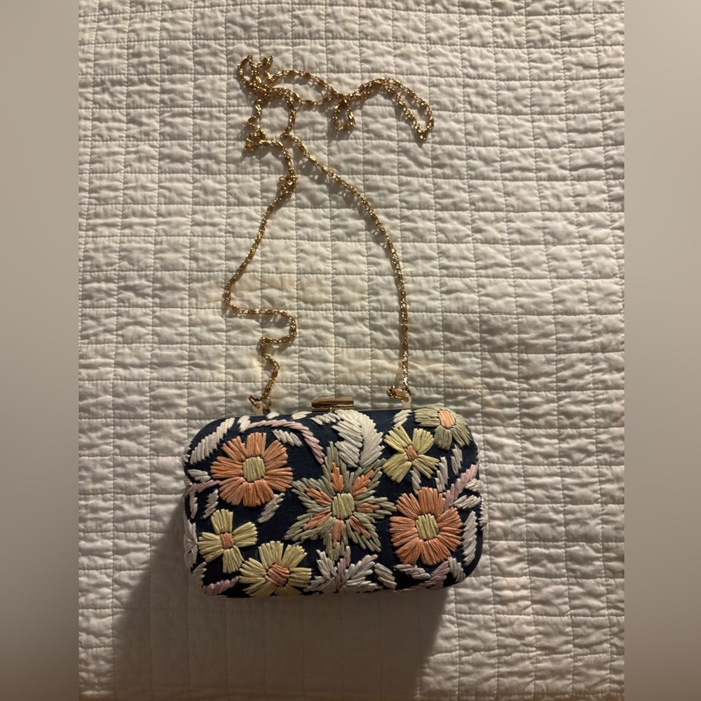 Anthropologie Embroidered Clutch with Gold Chain